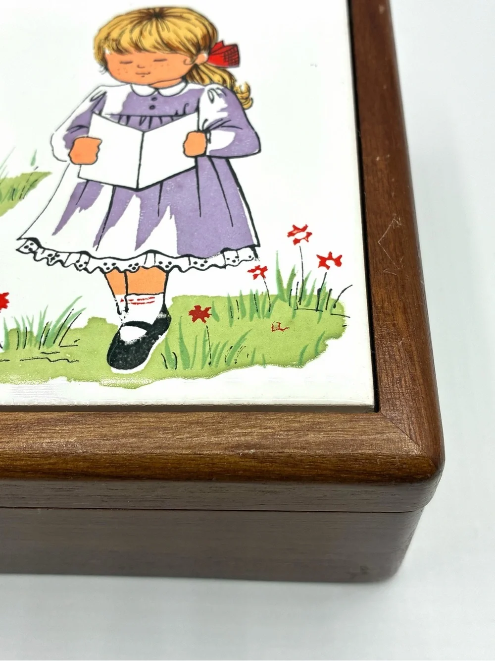 Vintage Mele Wood Jewelry Box Mirror Trinket Box Taiwan Girl Tile Lid